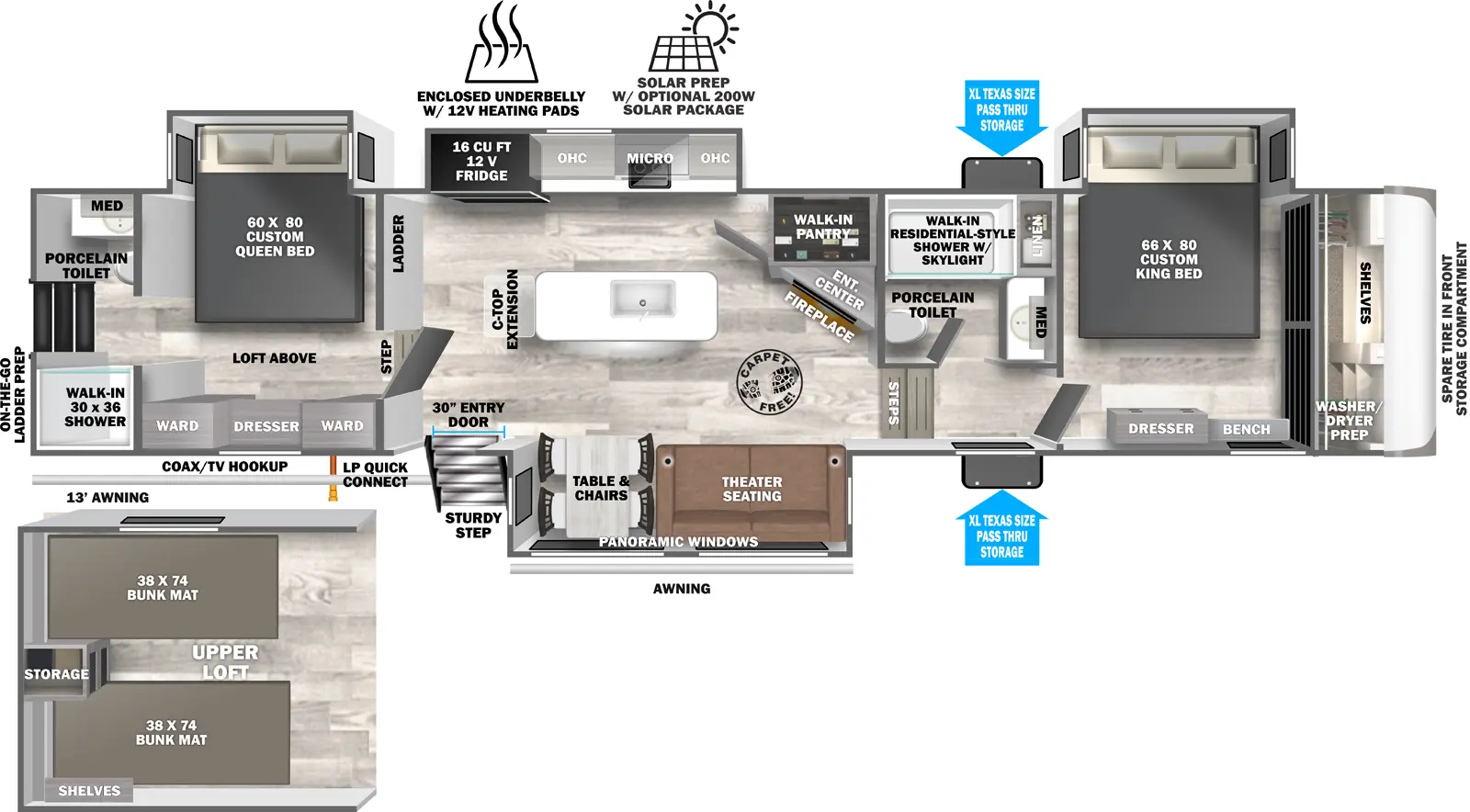 The Hemisphere Fifth Wheels 375FAM floorplan has two entries and four slide outs. Exterior features include: fiberglass exterior and 13' & 9'6" awning. Interiors features include: loft, kitchen island, free-standing dinette option, front bedroom, two bedrooms, rear bathroom and two full bathrooms.